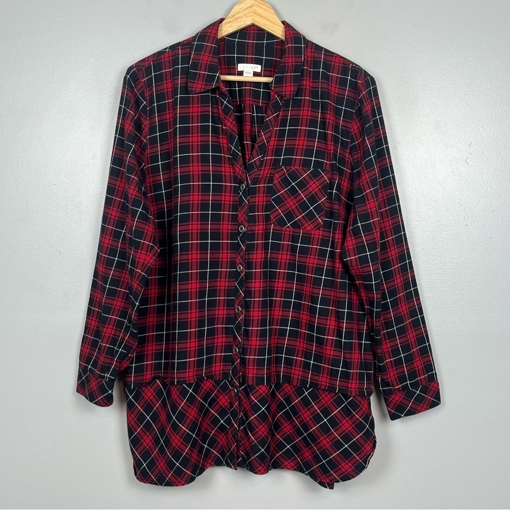 J.Jill 100% cotton red plaid button front rounded hem tunic button shirt, LP.